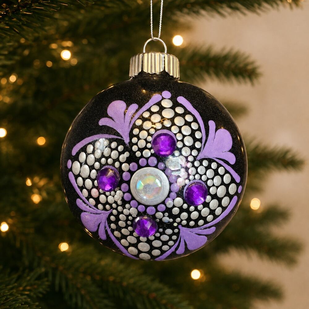 Purple Black and White 3 Inch Shatterproof Hand Painted Ornament
